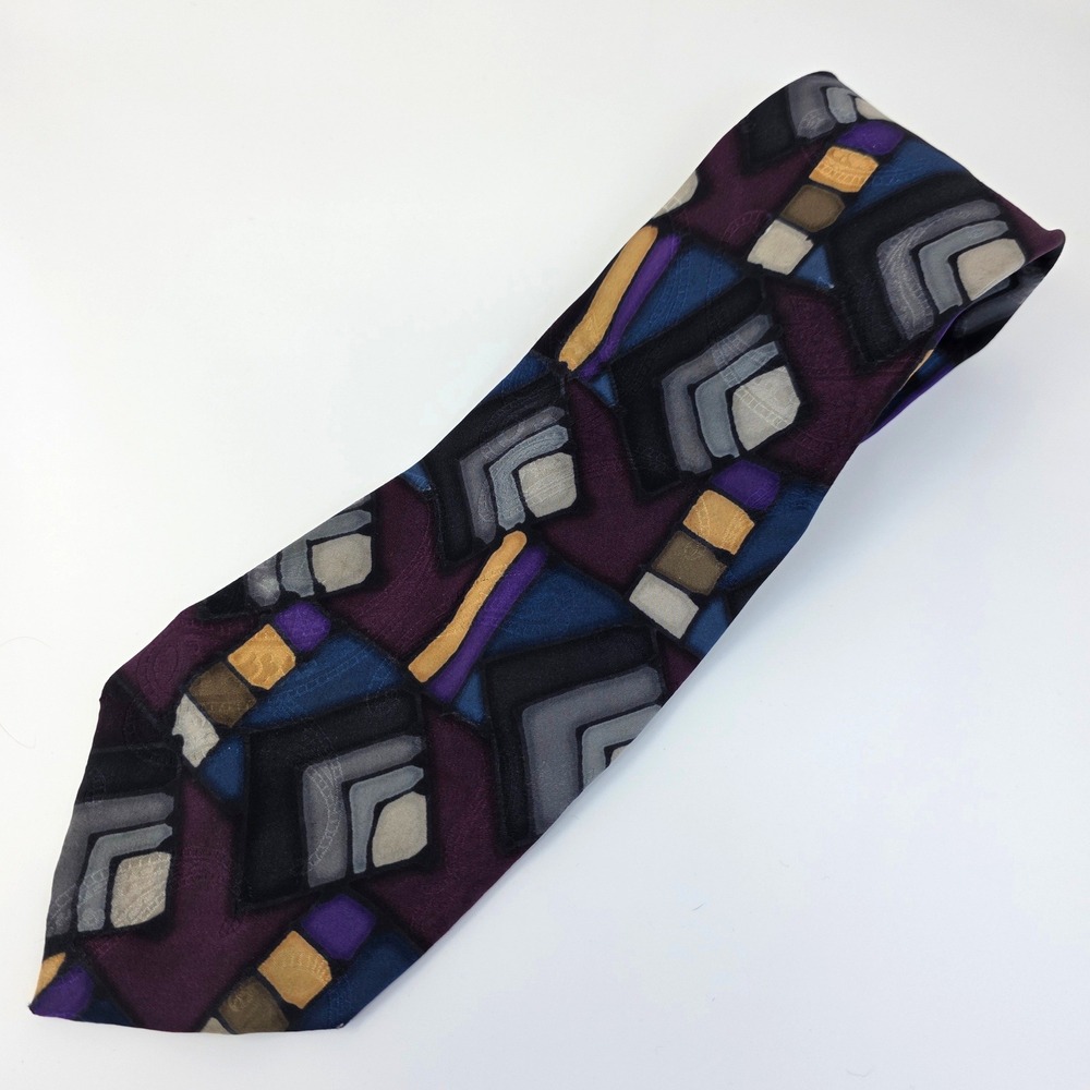 Robert Daskal Necktie Mens Purple Blue Hand Painted Silk Geometric Gloria Chan